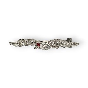Vintage Albatross Bar Brooch Pave Rhinestone Bird Red White Silver Tone Art Deco